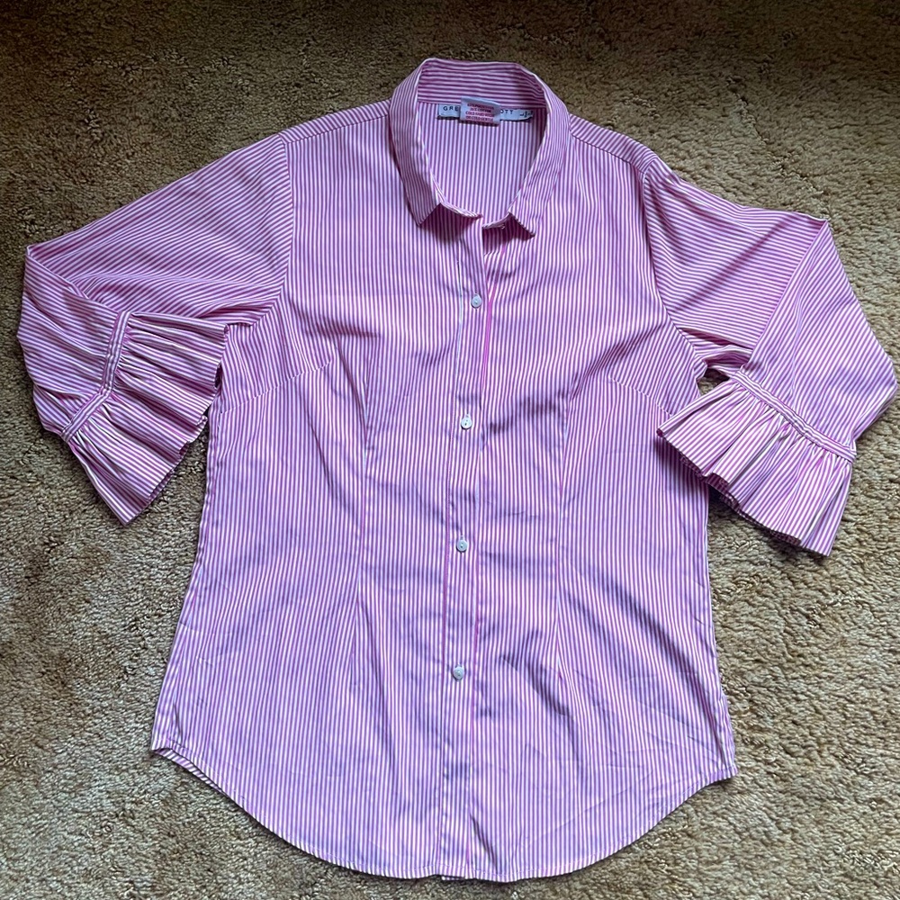 Gretchen Scott Striped Blouse Women’s Size Large Pink and White Feminine Office